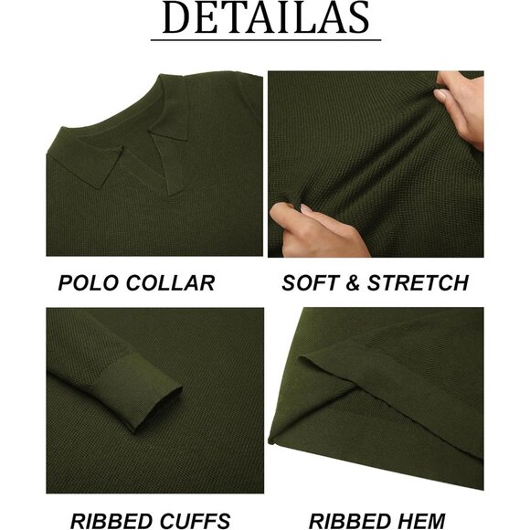 Men's Knit Polo Long Sleeve V-Neck Pullover Sweaters Collared Knitted Army Green - Picture 6 of 6